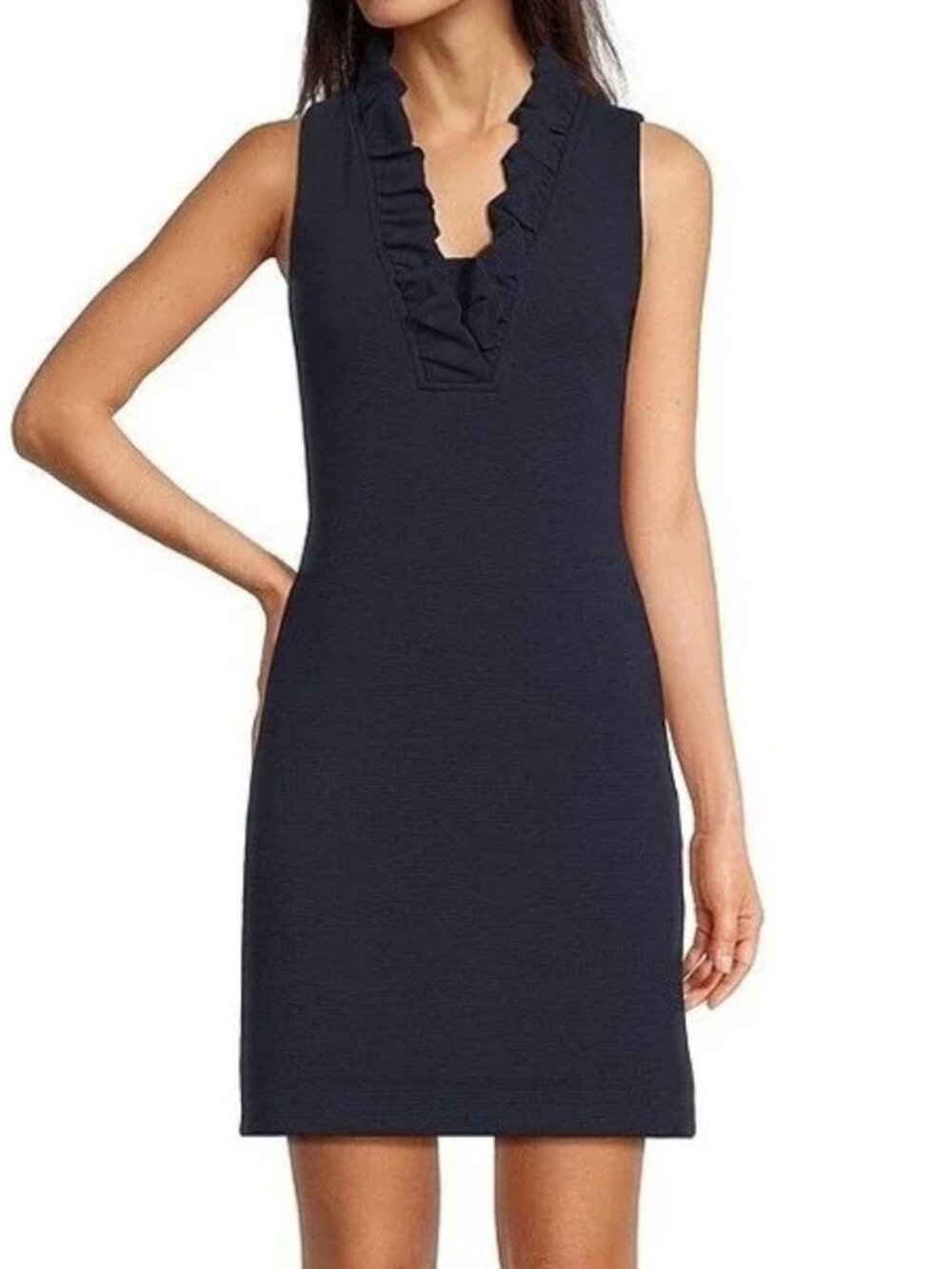 LILLY PULITZER RIBBED SHIFT DRESS RUFFLE TRIM NAVY BLUE PREPPY COASTAL sz S